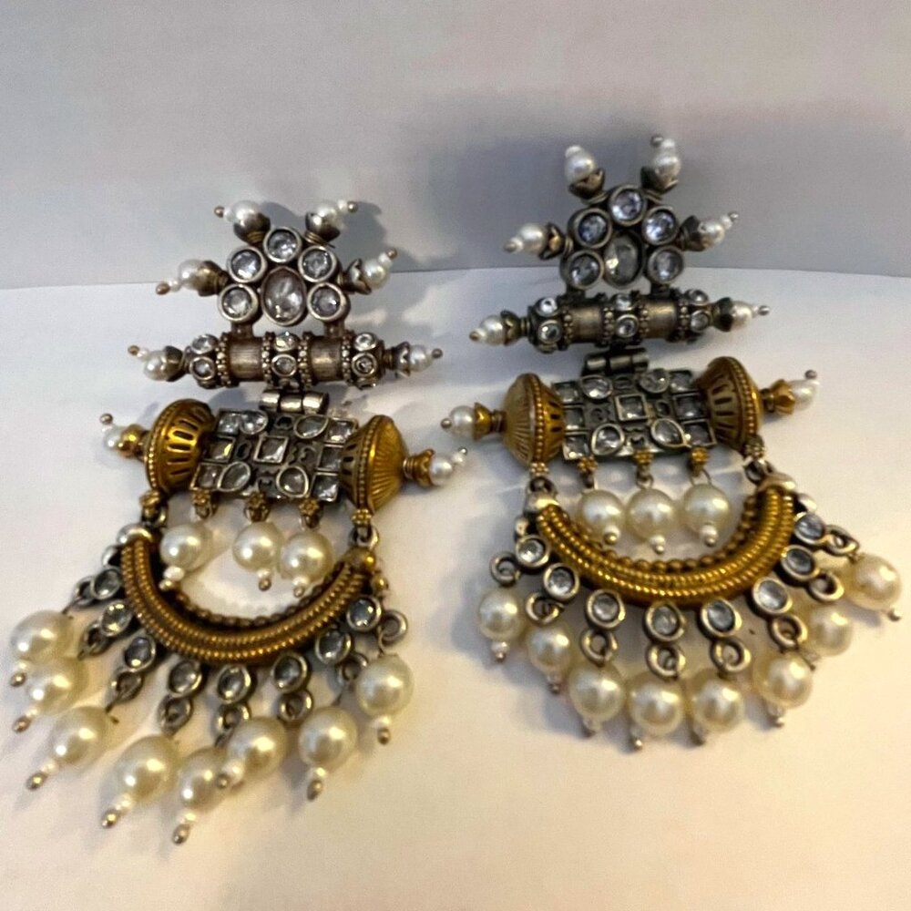 STATEMENT EARRINGS, GOLD TONE AND PEWTER COLORED METALS, PEARLS AND CRYSTALS